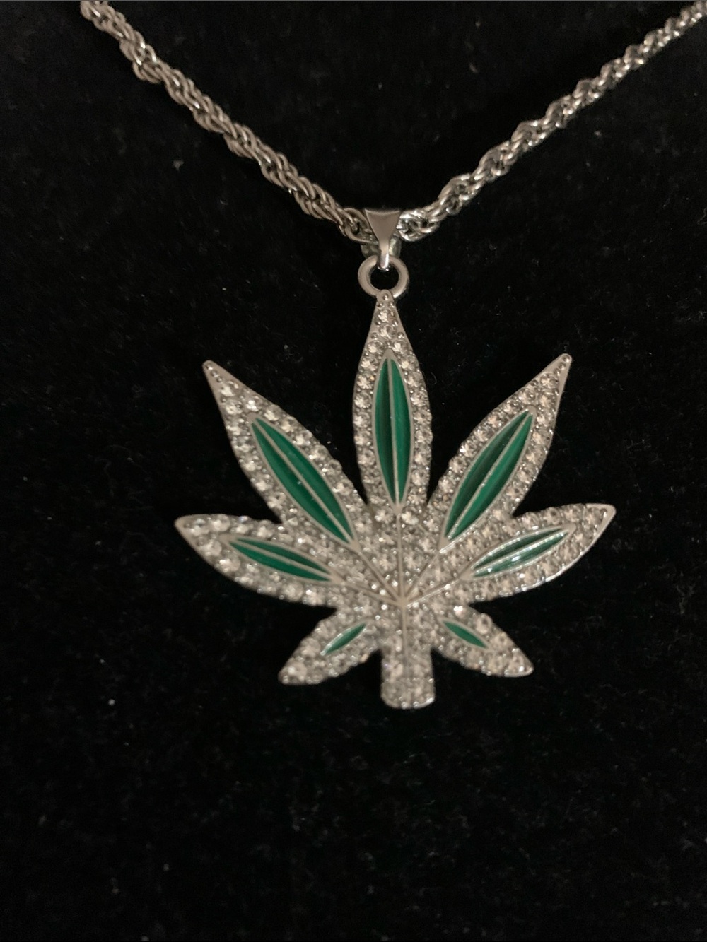 Silver Tone Leaf Hip Hop Pendant Necklace with Green Enamel & Crystals Tones
